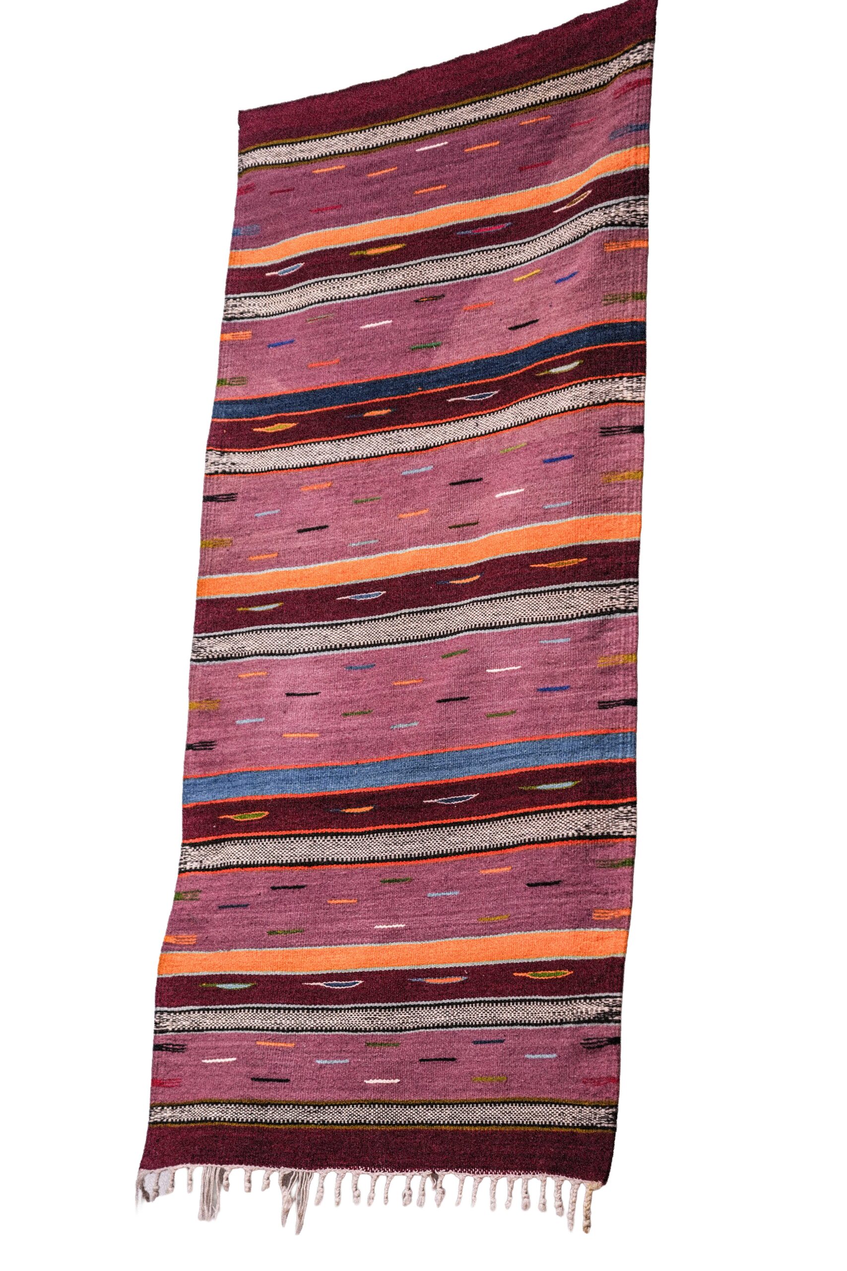 Plum & Burgundy Striped Moroccan Kilim – Handwoven Accent Runner with Colorful Dashes - Image 2