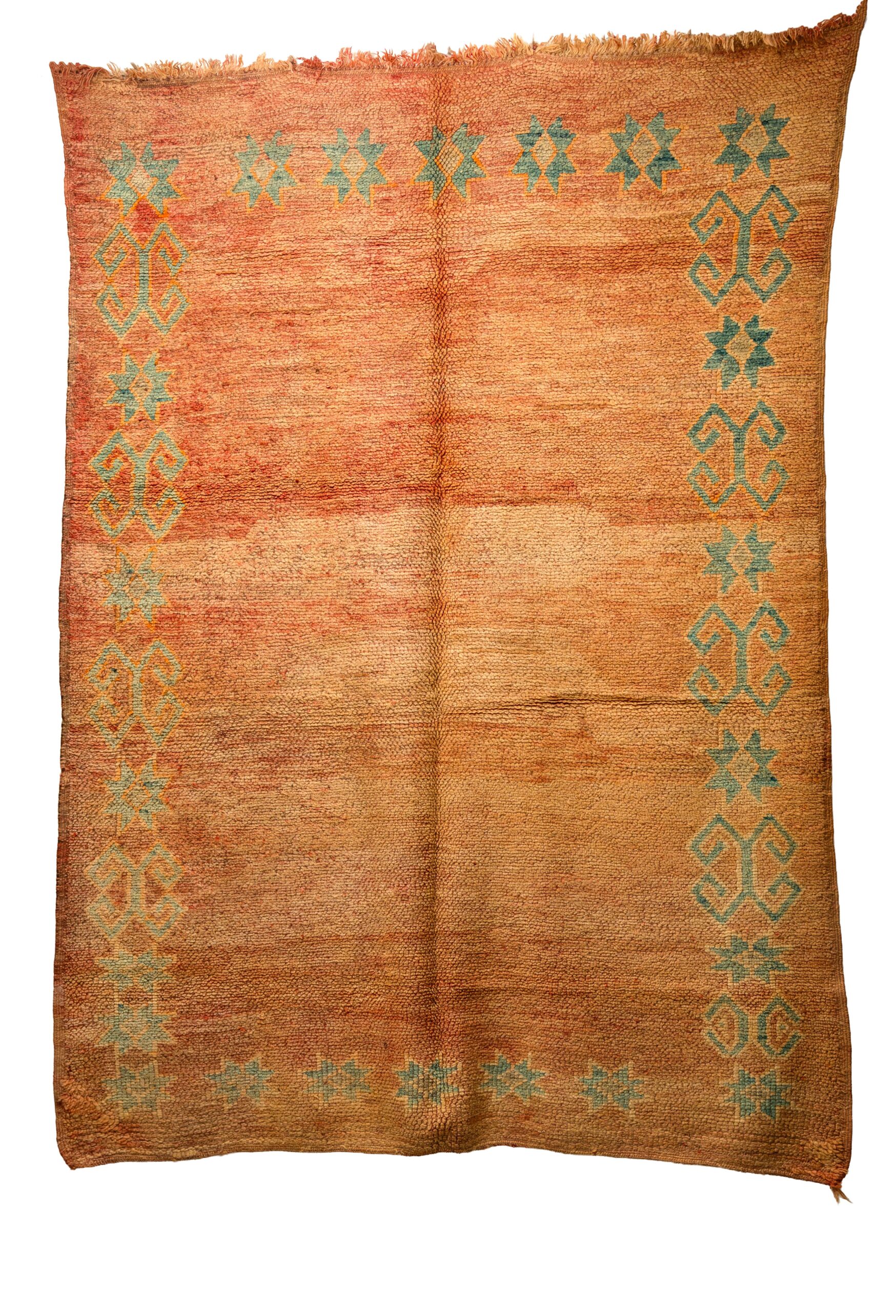 Faded Terracotta & Teal Framed Berber Rug – Heavyweight Hand-Knotted Wool Shag